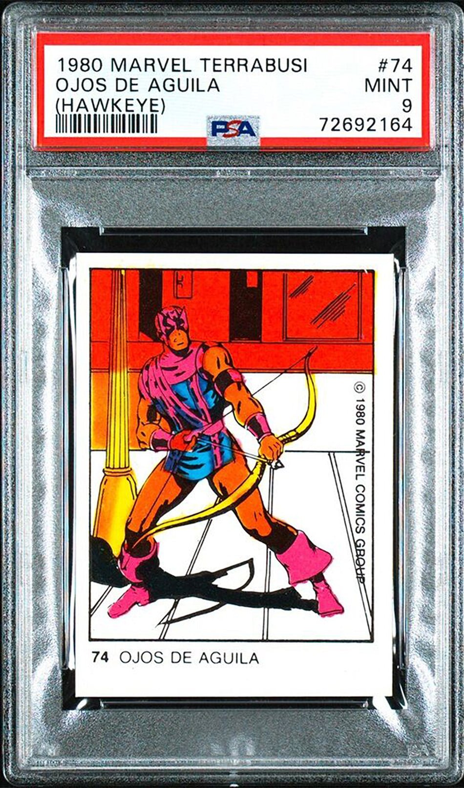 HAWKEYE PSA 9 1980 Terrabusi Marvel Super Heroes #74 C1 Marvel Base Graded Cards - Hobby Gems
