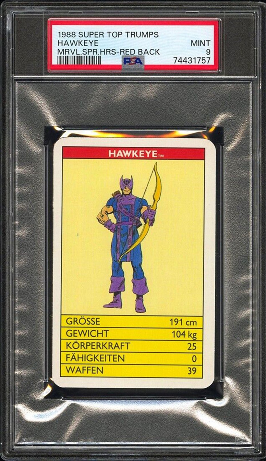 HAWKEYE PSA 9 1988 Super Top Trumps Marvel Super Heroes Red Back C1 Marvel Base Graded Cards - Hobby Gems