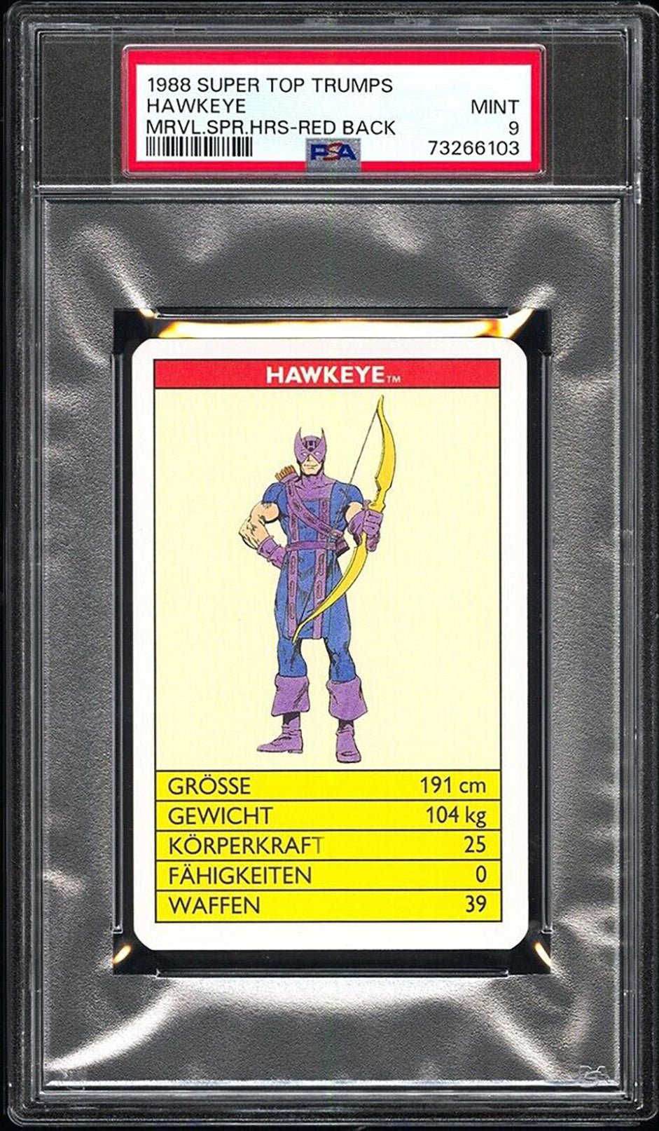 HAWKEYE PSA 9 1988 Super Top Trumps Marvel Super Heroes Red Back C2 Marvel Base Graded Cards - Hobby Gems