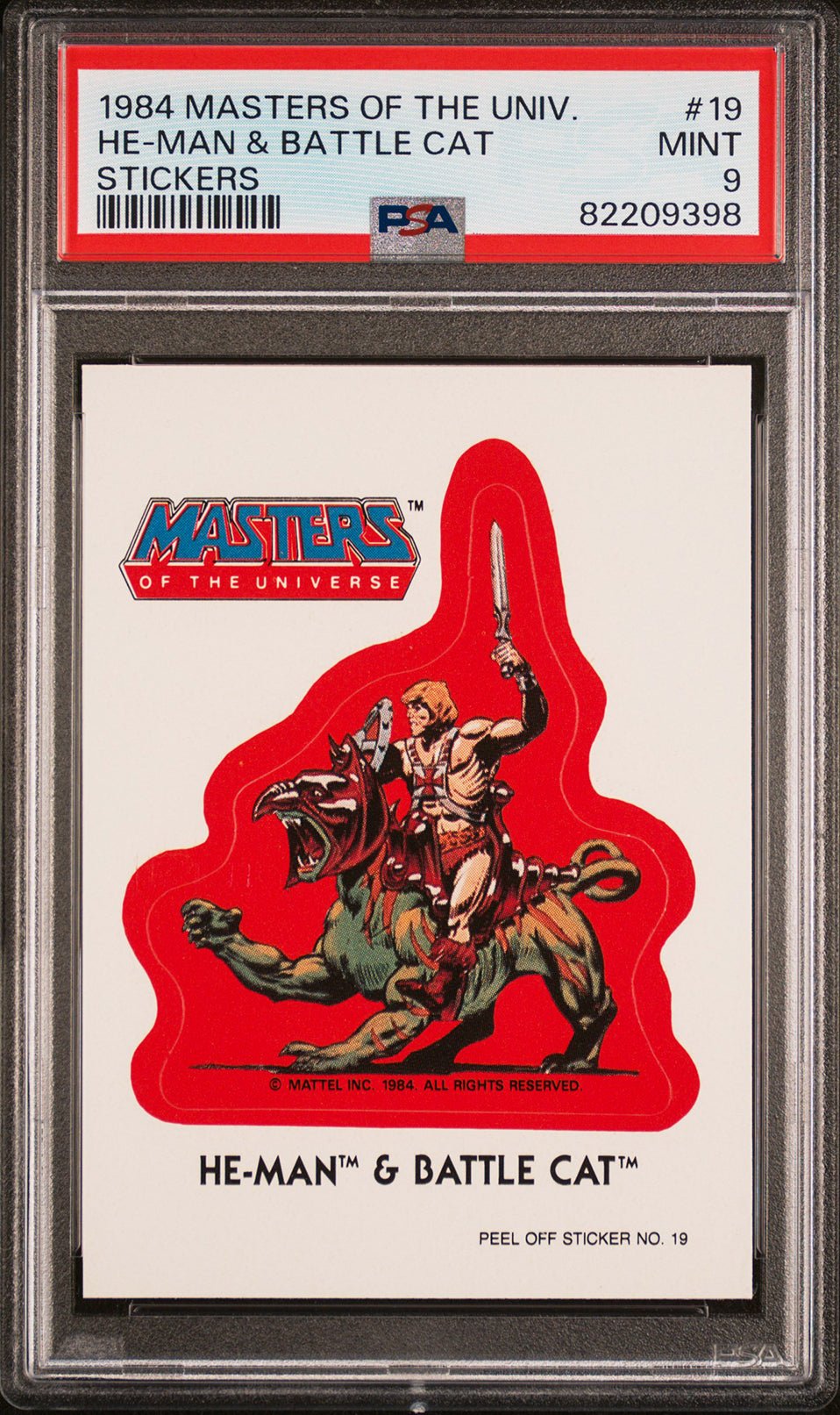 HE-MAN & BATTLE CAT PSA 9 1984 Masters of the Universe Sticker #19 Red Back C3 Masters of the Universe Base Graded Cards - Hobby Gems