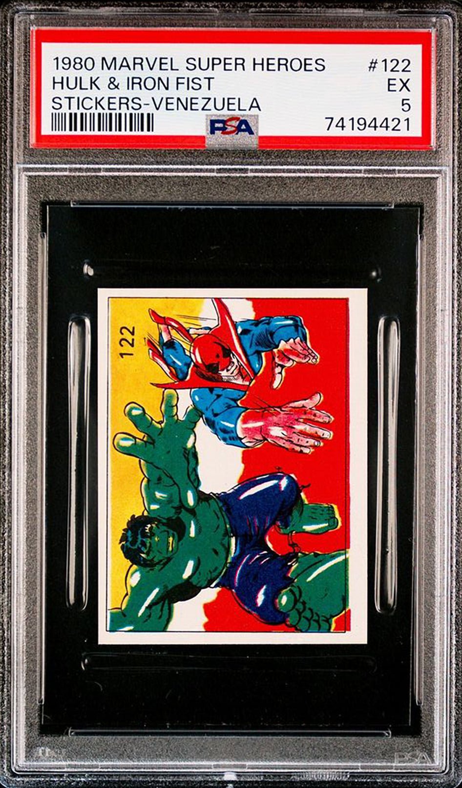 HULK IRON FIST PSA 5 1980 Marvel Super Heroes Stickers-Venezuela #122 C2 Marvel Graded Cards Sticker - Hobby Gems