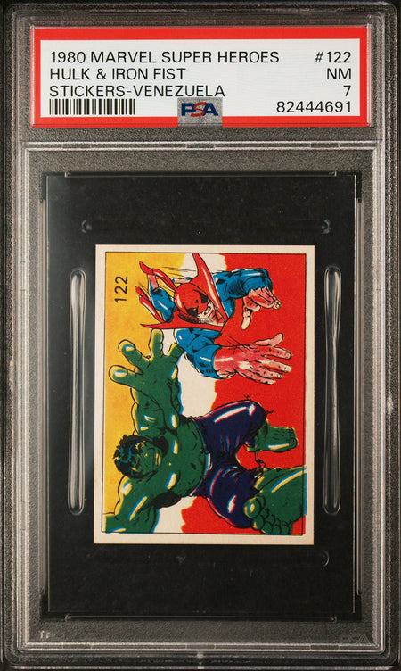 HULK IRON FIST PSA 7 1980 Marvel Super Heroes Sticker-Venezuela #122 Marvel Graded Cards Sticker - Hobby Gems