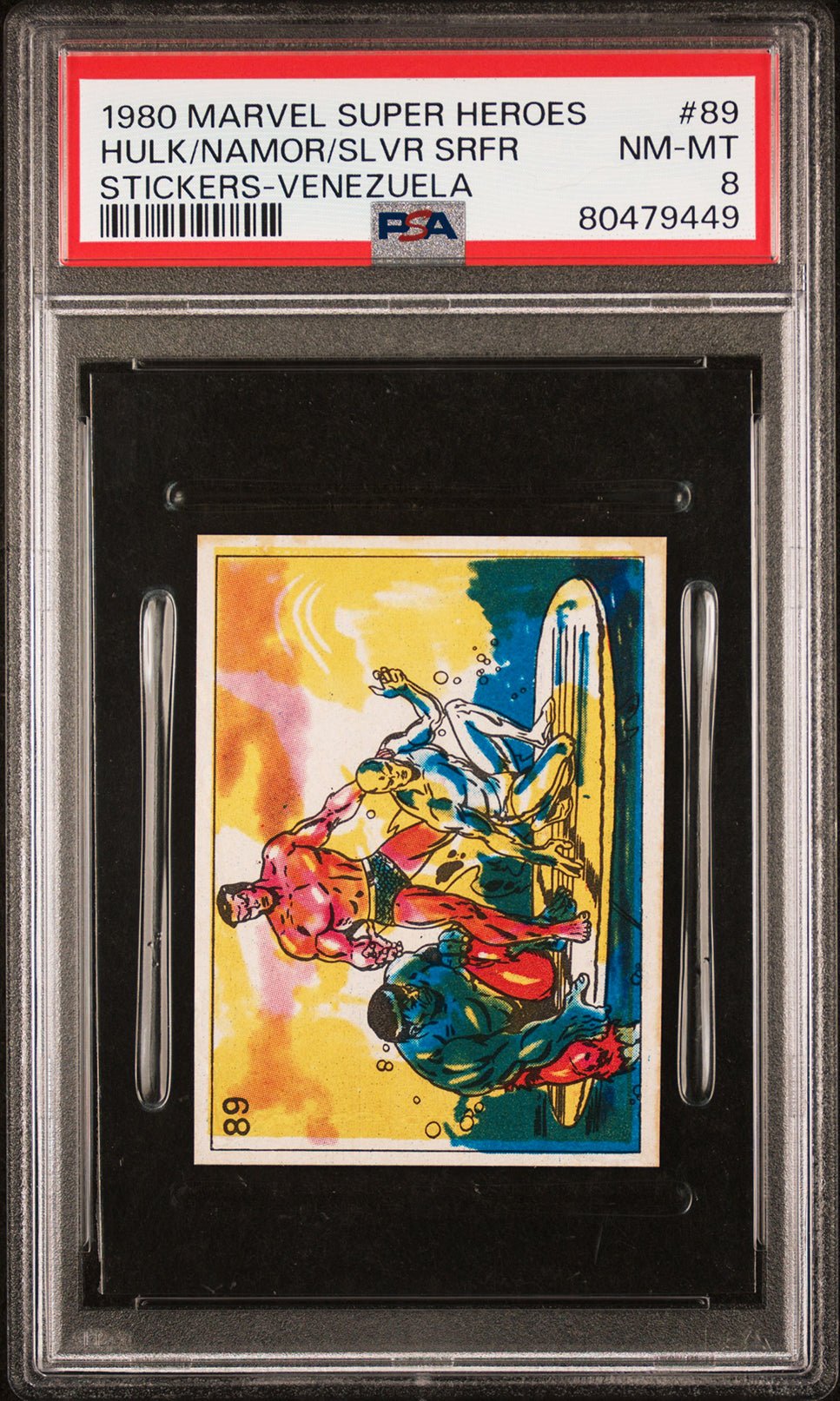 HULK NAMOR SILVER SURFER PSA 8 1980 Marvel Super Heroes Sticker Venezuela #89 Marvel Graded Cards Sticker - Hobby Gems