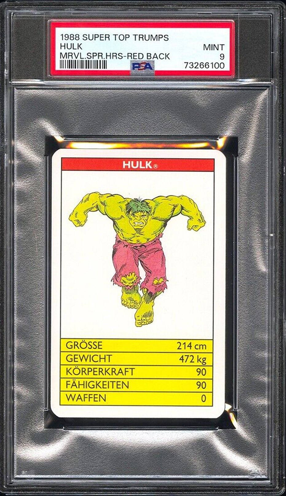 HULK PSA 9 1988 Super Top Trumps Marvel Super Heroes Red Back C2 Marvel Base Graded Cards - Hobby Gems