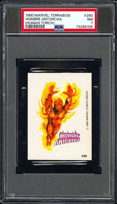 HUMAN TORCH PSA 7 1980 Terrabusi Marvel Superheroes Sticker #260 Marvel Graded Cards Sticker - Hobby Gems