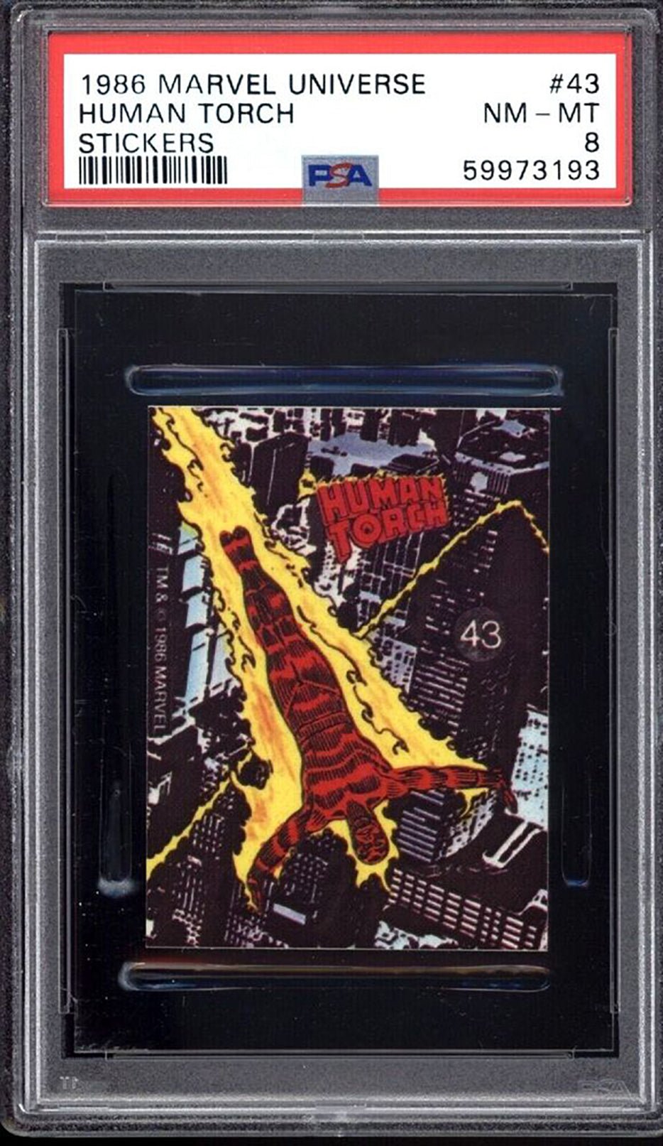 HUMAN TORCH PSA 8 1986 Marvel Universe Comic Images Sticker #43 Marvel Graded Cards Sticker - Hobby Gems