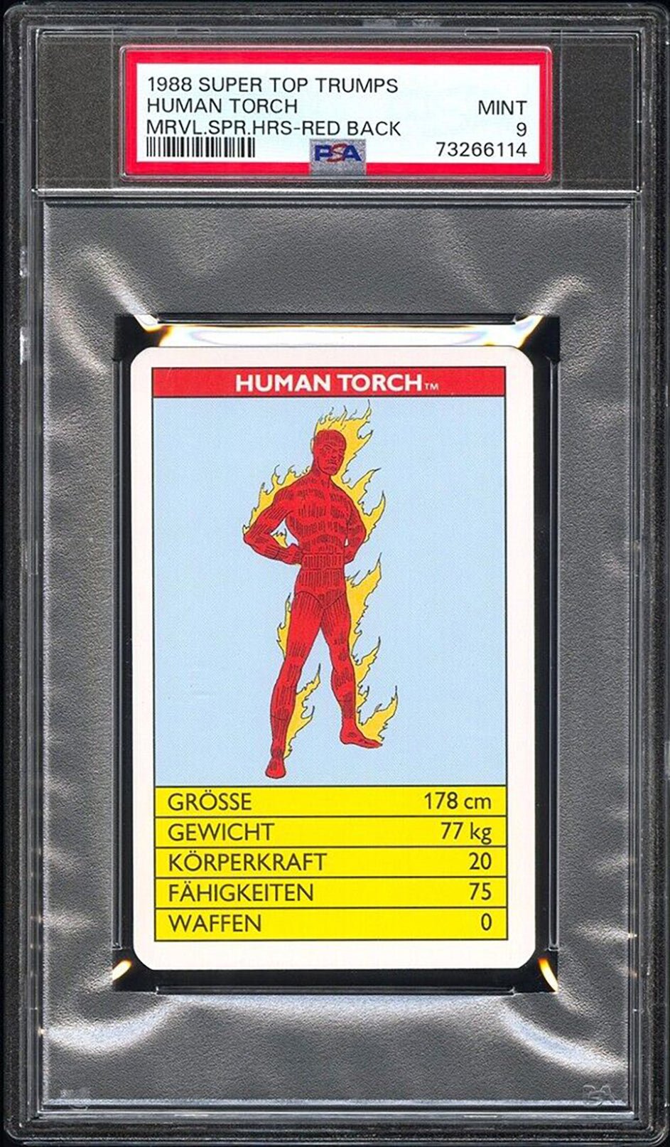 HUMAN TORCH PSA 9 1988 Super Top Trumps Marvel Super Heroes Red Back C2 Marvel Base Graded Cards - Hobby Gems