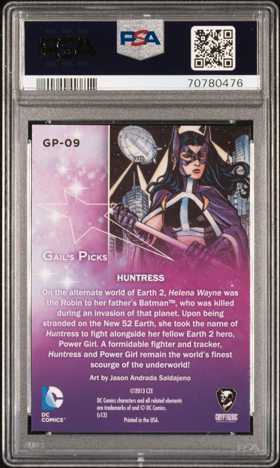 HUNTRESS PSA 9 2013 DC Comics The Women of Legend Gail's Picks Foil #GP-09 DC Comics Graded Cards Insert - Hobby Gems