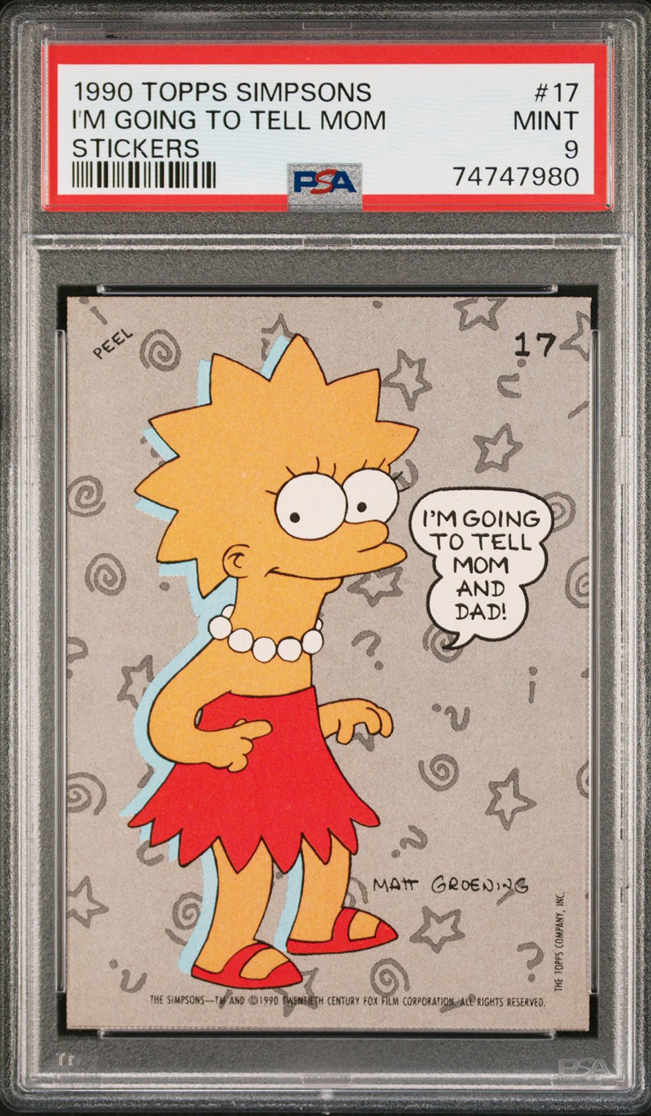 I'M GOING TO TELL MOM AND DAD! LISA Simpson PSA 9 1990 Topps The Simpsons Sticker #17 The Simpsons Graded Cards Sticker - Hobby Gems