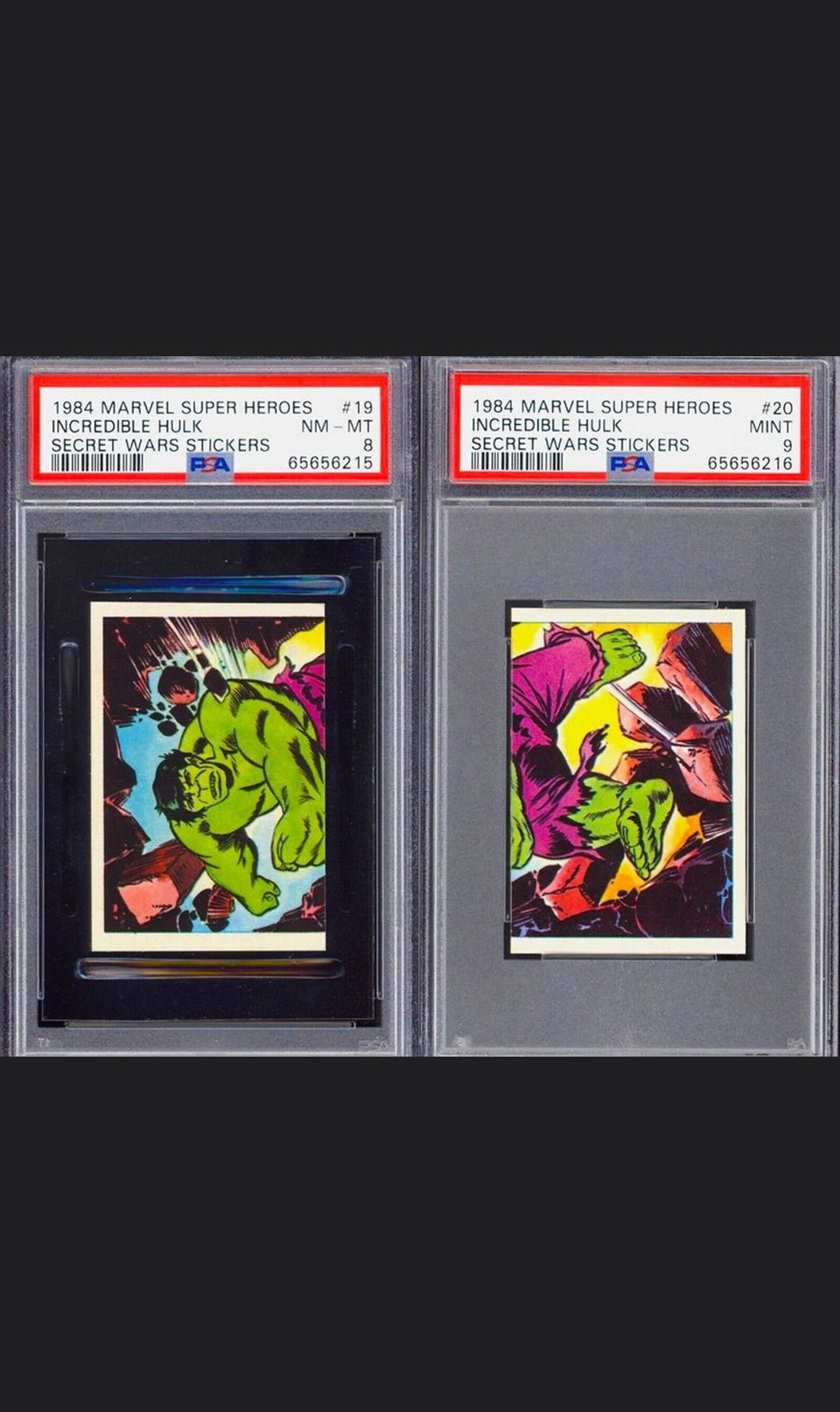 INCREDIBLE HULK PSA 9 & 8 1984 Marvel Super Heroes Secret Wars Stickers #19 #20 Marvel Graded Cards Sticker - Hobby Gems