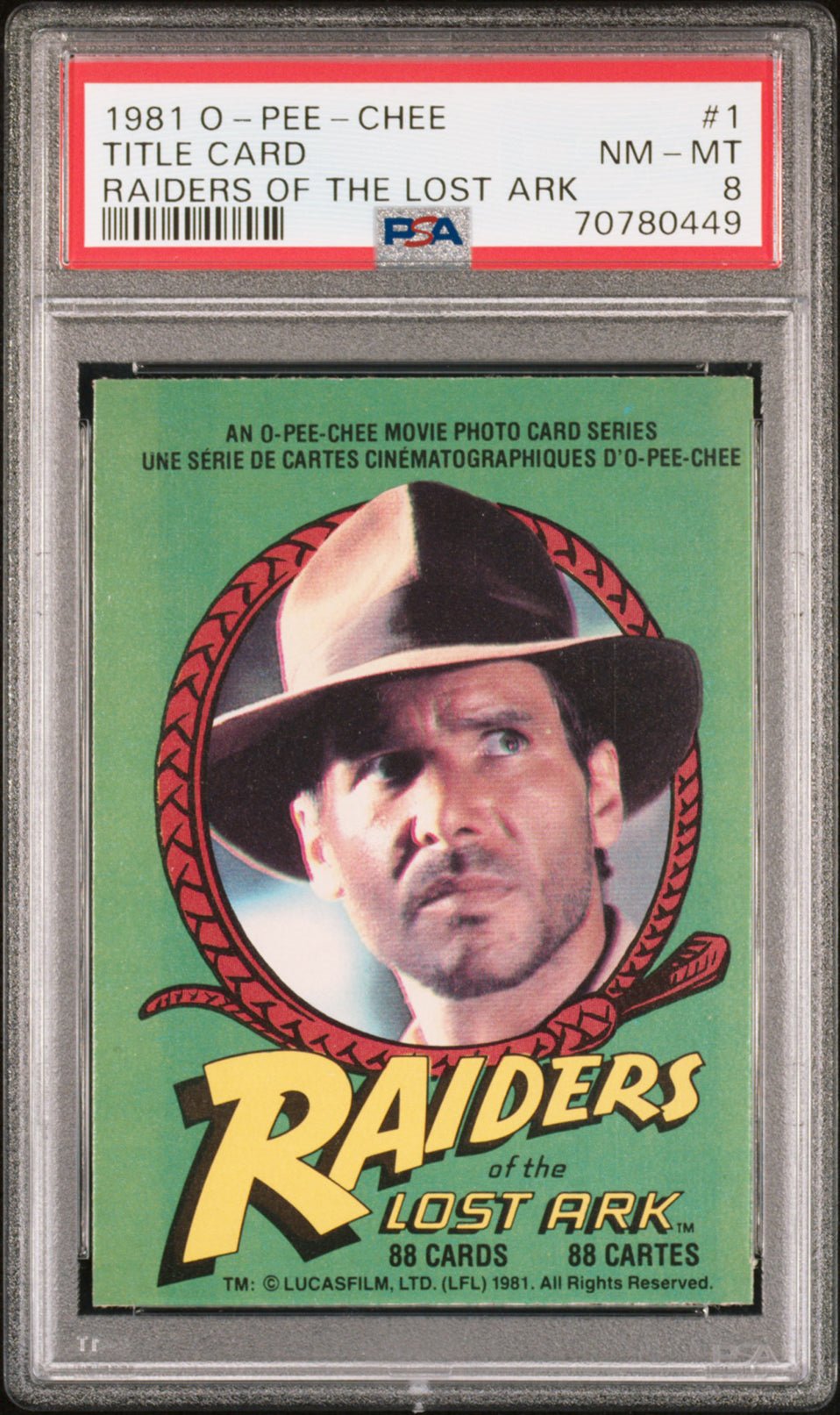 INDIANA JONES Title Card PSA 8 1981 O-Pee-Chee Raiders of the Lost Ark #1 Indiana Jones Base Graded Cards - Hobby Gems