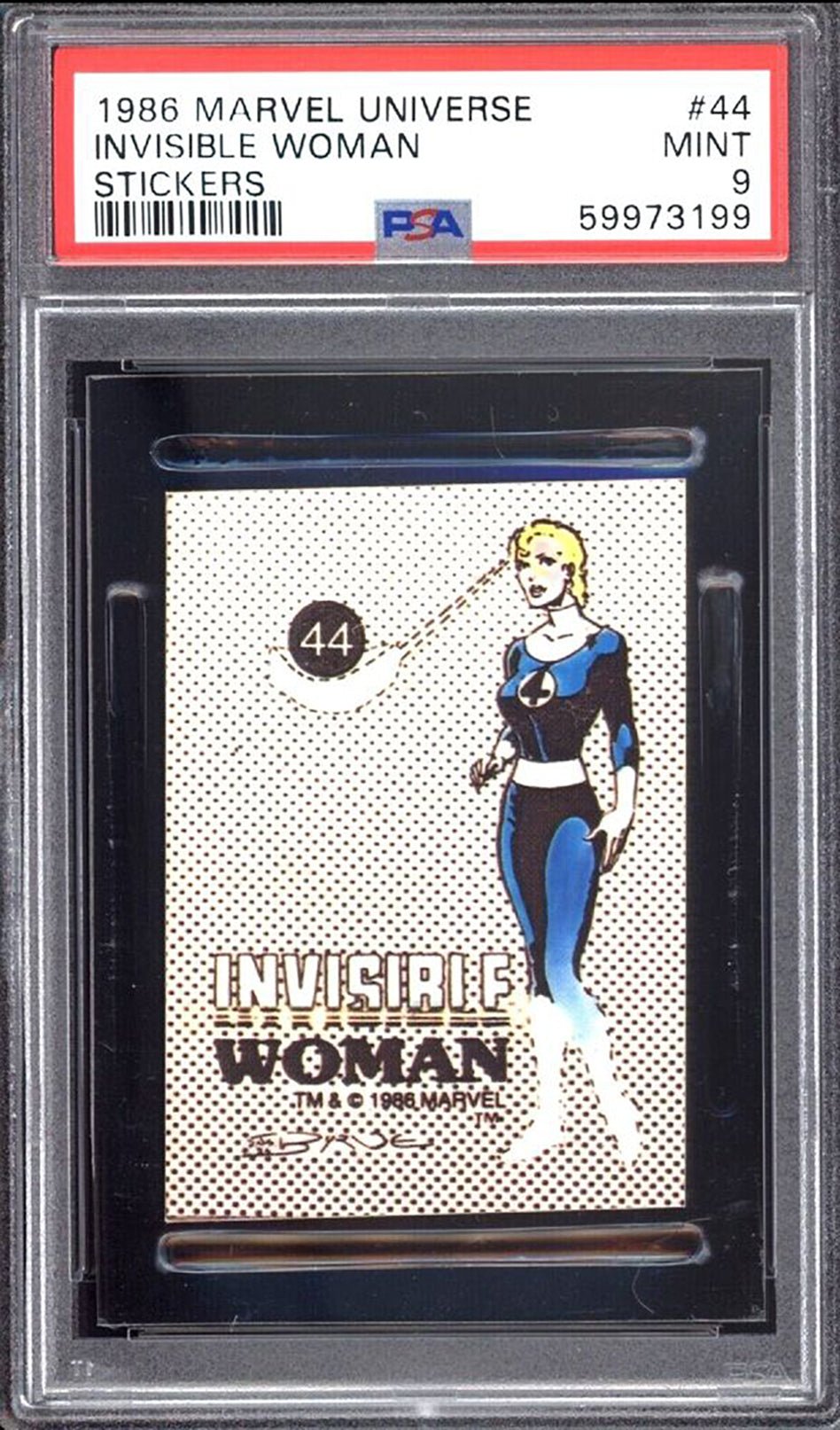 INVISIBLE WOMAN PSA 9 1986 Marvel Universe Comic Images Sticker #44 C2 Marvel Graded Cards Sticker - Hobby Gems