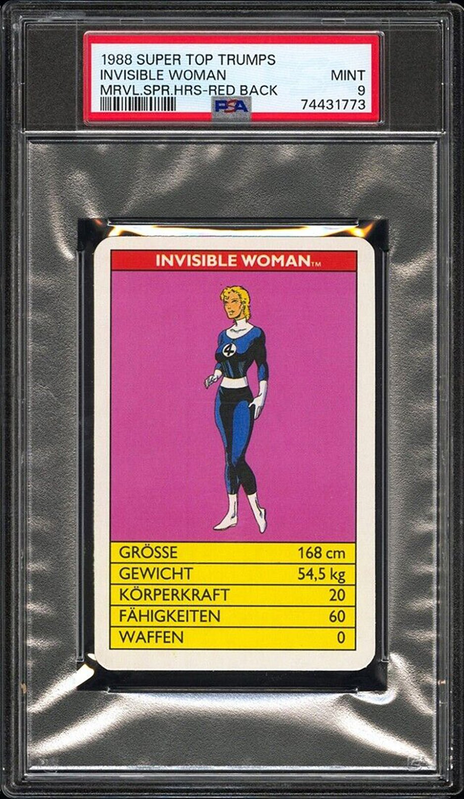 INVISIBLE WOMAN PSA 9 1988 Super Top Trumps Marvel Super Heroes Red Back C1 Marvel Base Graded Cards - Hobby Gems