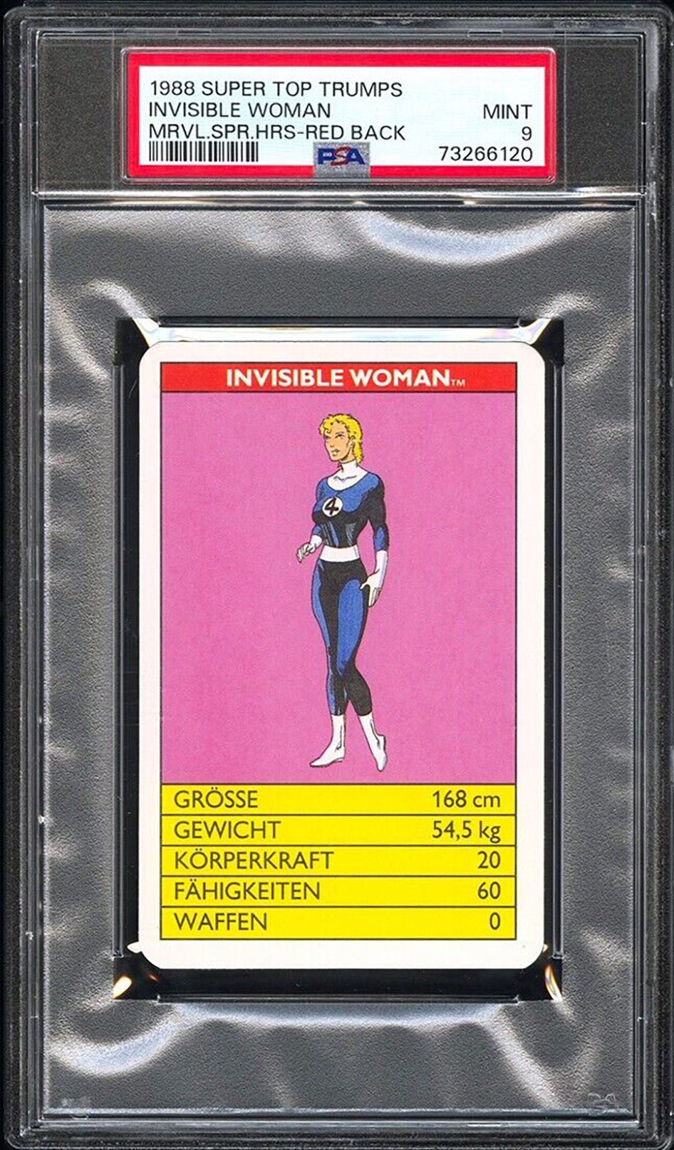 INVISIBLE WOMAN PSA 9 1988 Super Top Trumps Marvel Super Heroes Red Back C2 Marvel Base Graded Cards - Hobby Gems