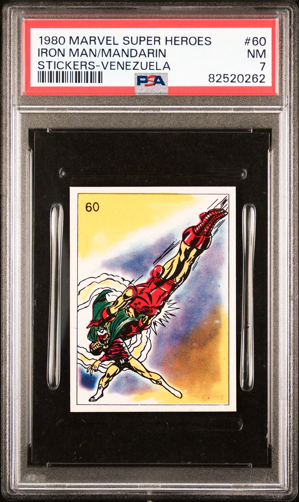 IRON MAN MANDARIN PSA 7 1980 Marvel Super Heroes Stickers-Venezuela #60 Marvel Graded Cards Sticker - Hobby Gems