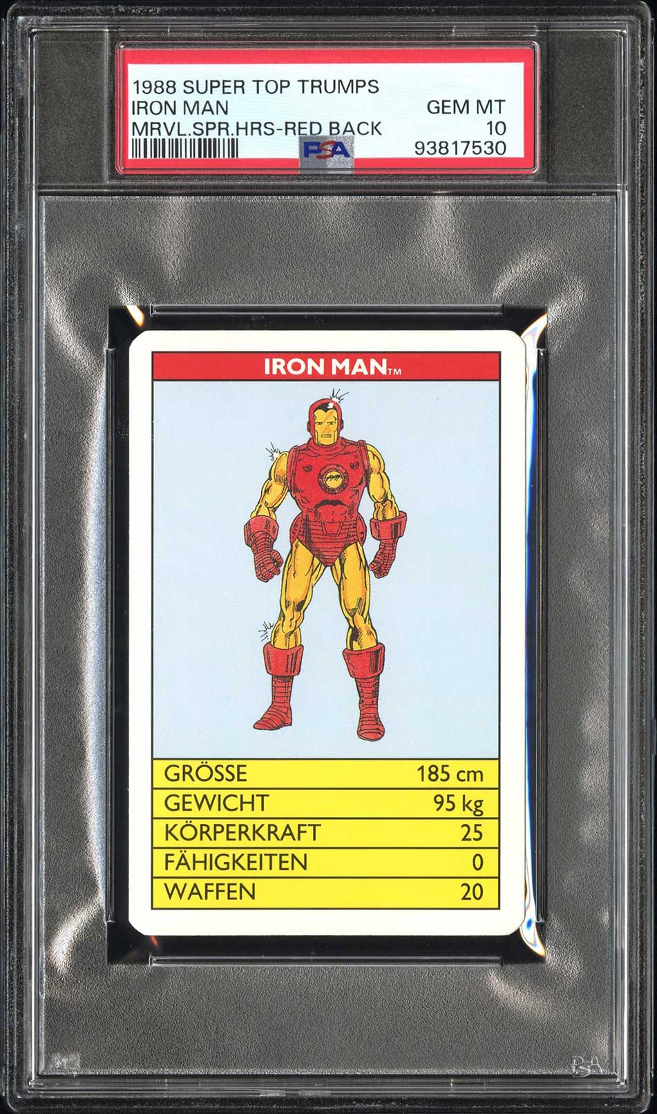 IRON MAN PSA 10 1988 Super Top Trumps Marvel Super Heroes Red Back Marvel Base Graded Cards - Hobby Gems