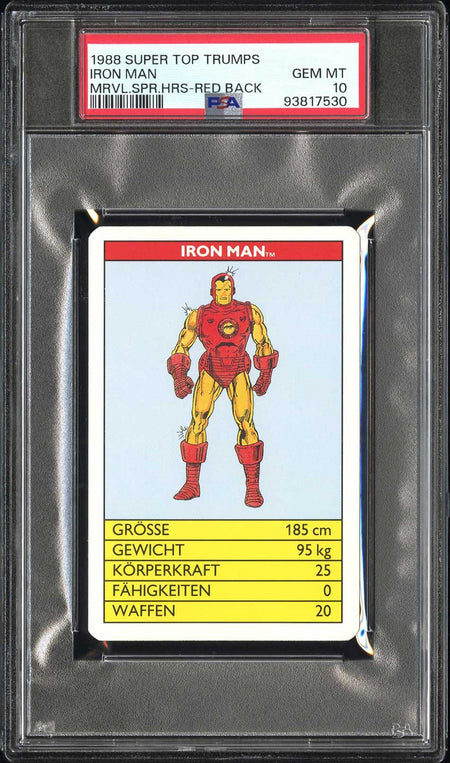 IRON MAN PSA 10 1988 Super Top Trumps Marvel Super Heroes Red Back Marvel Base Graded Cards - Hobby Gems