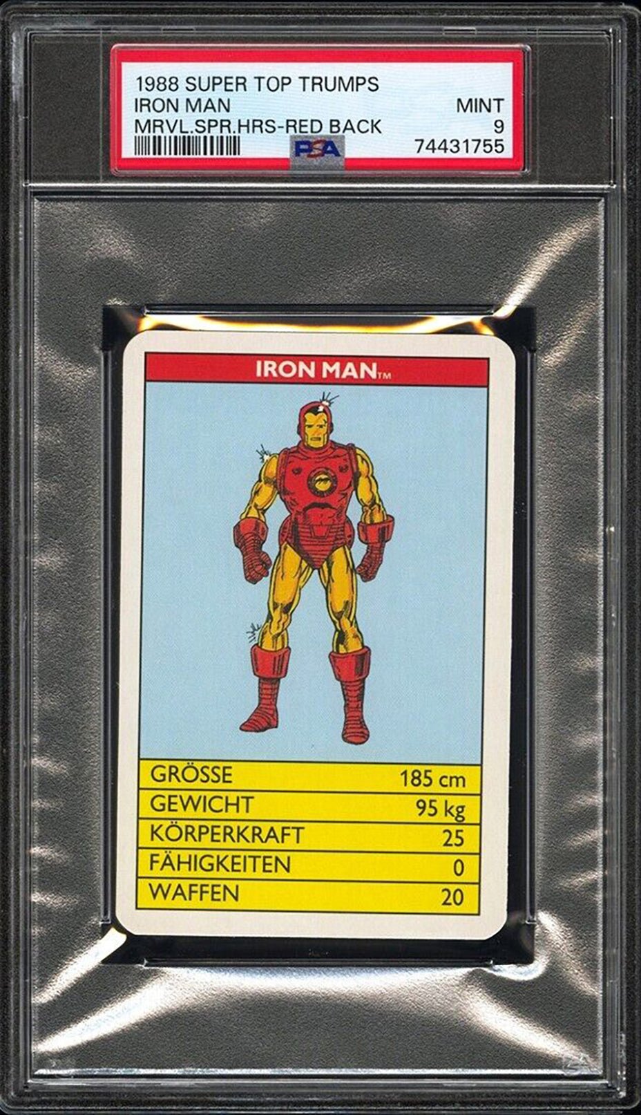 IRON MAN PSA 9 1988 Super Top Trumps Marvel Super Heroes Red Back Marvel Base Graded Cards - Hobby Gems