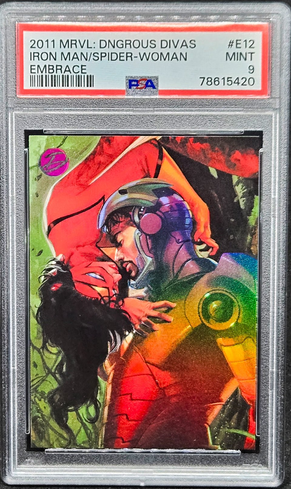 IRON MAN SPIDER-WOMAN PSA 9 2011 Marvel Dangerous Divas Embrace #E12 Marvel Graded Cards Insert - Hobby Gems