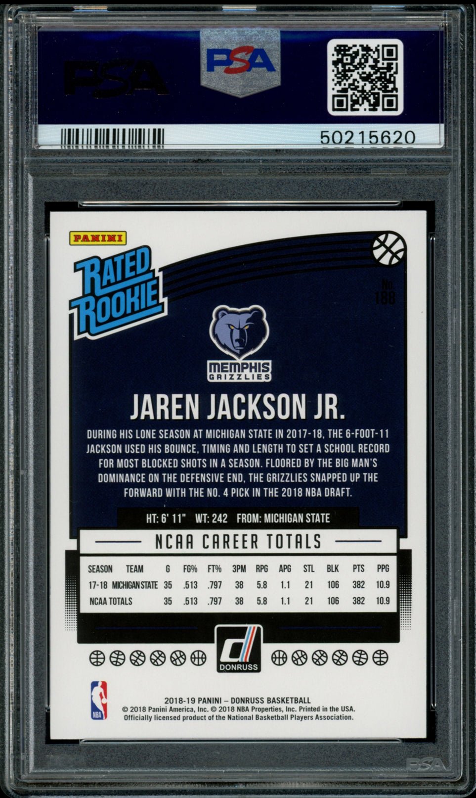 JAREN JACKSON JR PSA 10 2018-19 Panini Donruss RC #188 Basketball Base Graded Cards RC - Hobby Gems