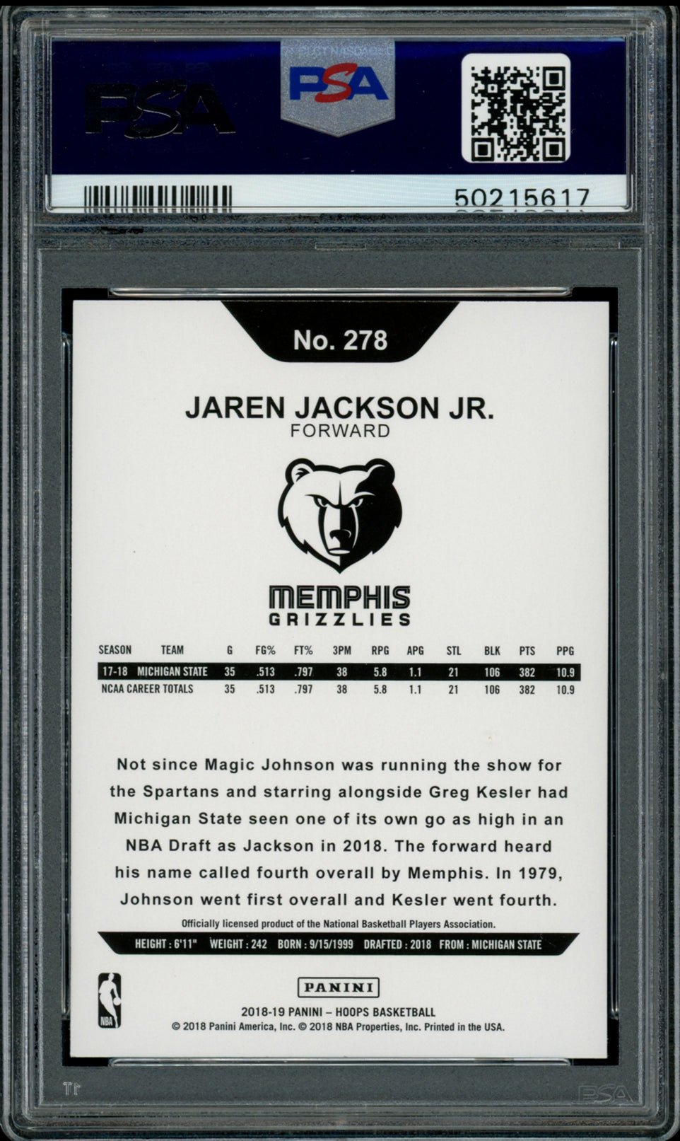 JAREN JACKSON JR PSA 10 2018-19 Panini NBA Hoops RC #278 Basketball Base Graded Cards RC - Hobby Gems