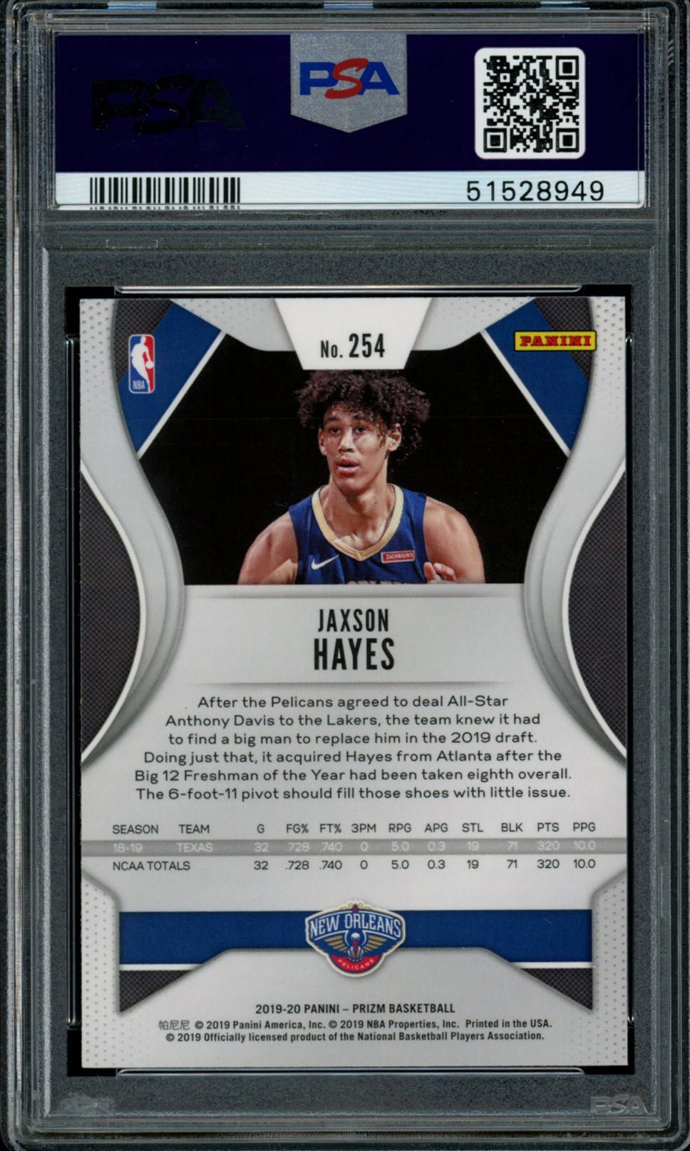 JAXSON HAYES PSA 10 2019-20 Panini Prizm RC #254 Basketball Base Graded Cards RC - Hobby Gems