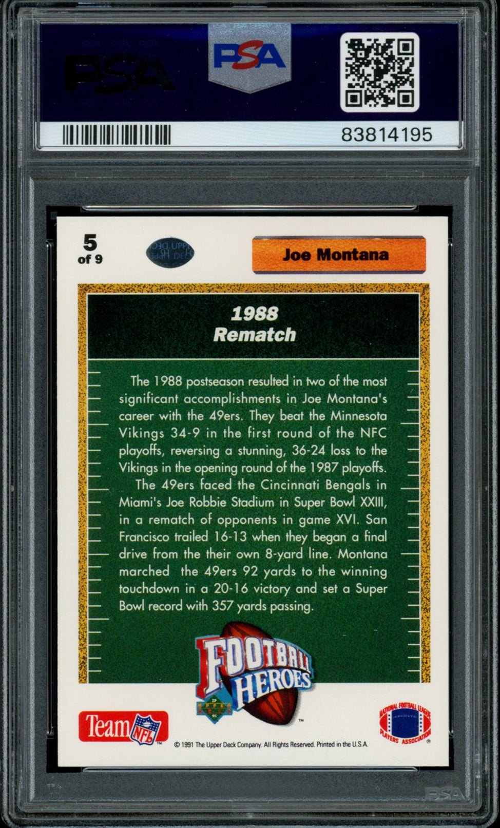 JOE MONTANA PSA 10 1991 Upper Deck Heroes 1988 Rematch #5 Football Graded Cards Insert - Hobby Gems