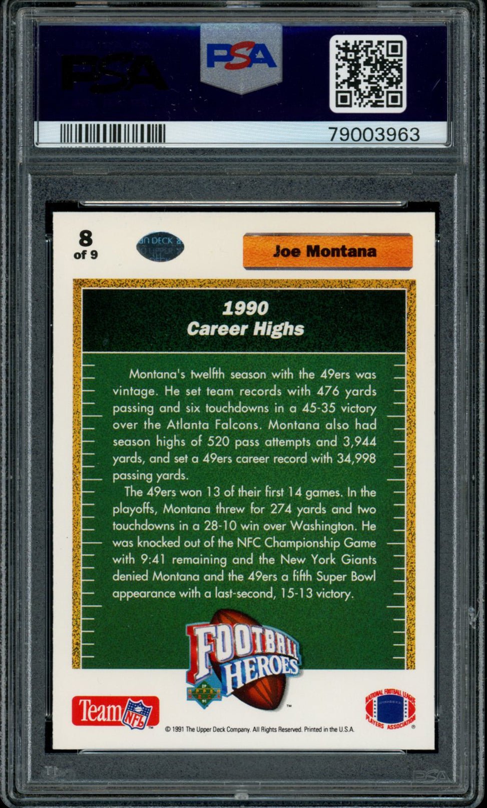 JOE MONTANA PSA 10 1991 Upper Deck Heroes 1990 Career Highs #8 Football Graded Cards Insert - Hobby Gems