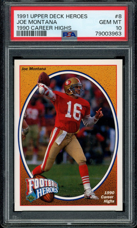 JOE MONTANA PSA 10 1991 Upper Deck Heroes 1990 Career Highs #8 Football Graded Cards Insert - Hobby Gems