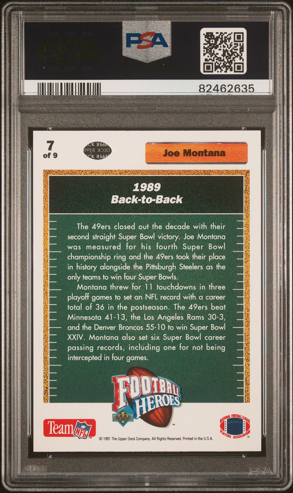 JOE MONTANA PSA 7 1991 Upper Deck Heroes 1989 Back-to-Back #7 Football Graded Cards Insert - Hobby Gems