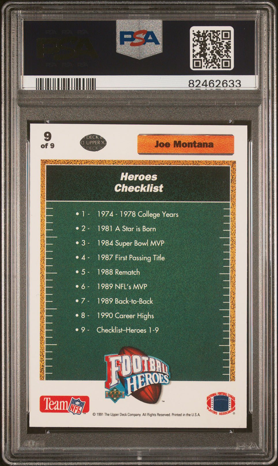 JOE MONTANA PSA 8 1991 Upper Deck Heroes Checklist #9 C2 Football Base Graded Cards - Hobby Gems