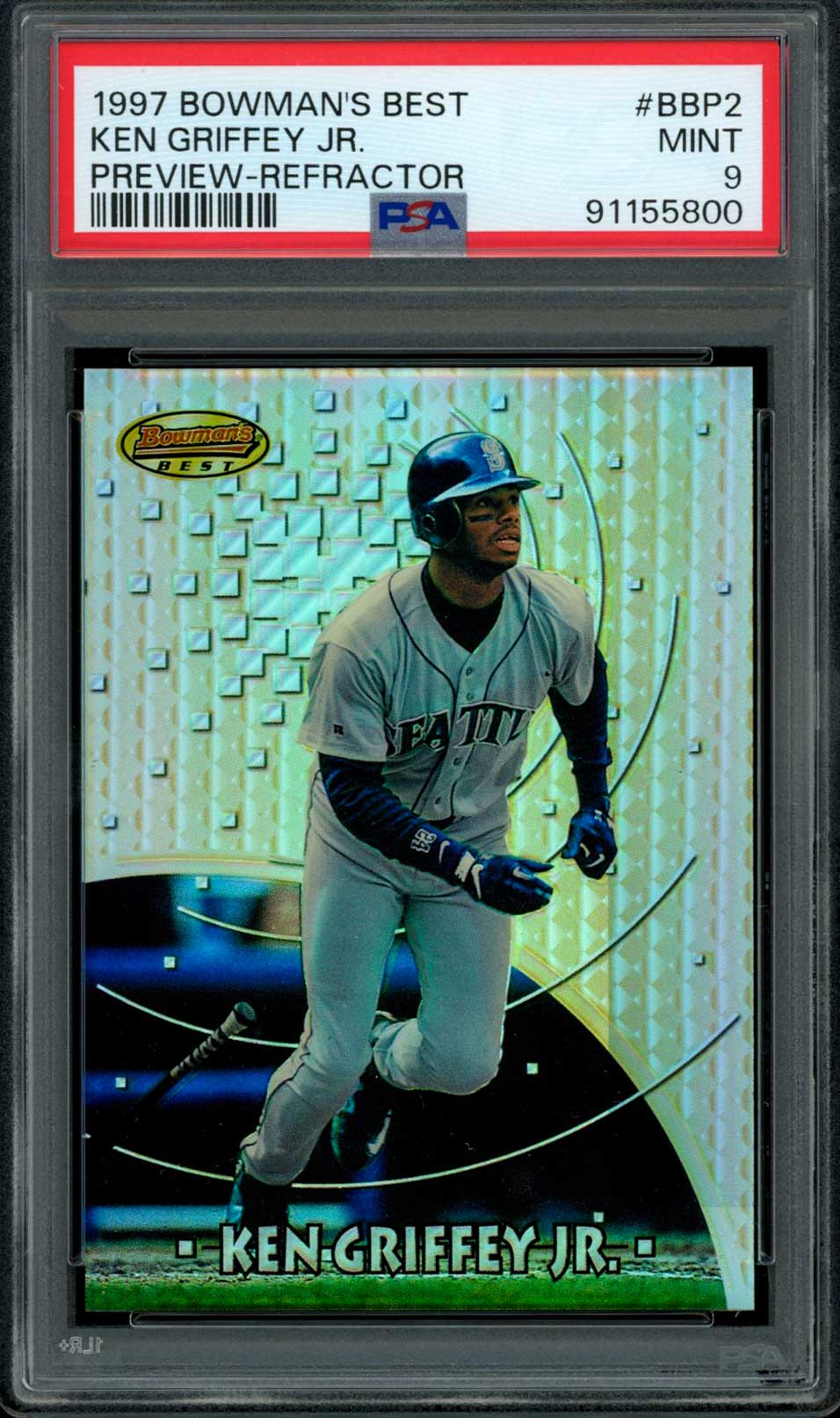 KEN GRIFFEY JR PSA 9 1997 Bowman's Best Preview Refractor #BBP2 Baseball Graded Cards Insert Parallel - Hobby Gems