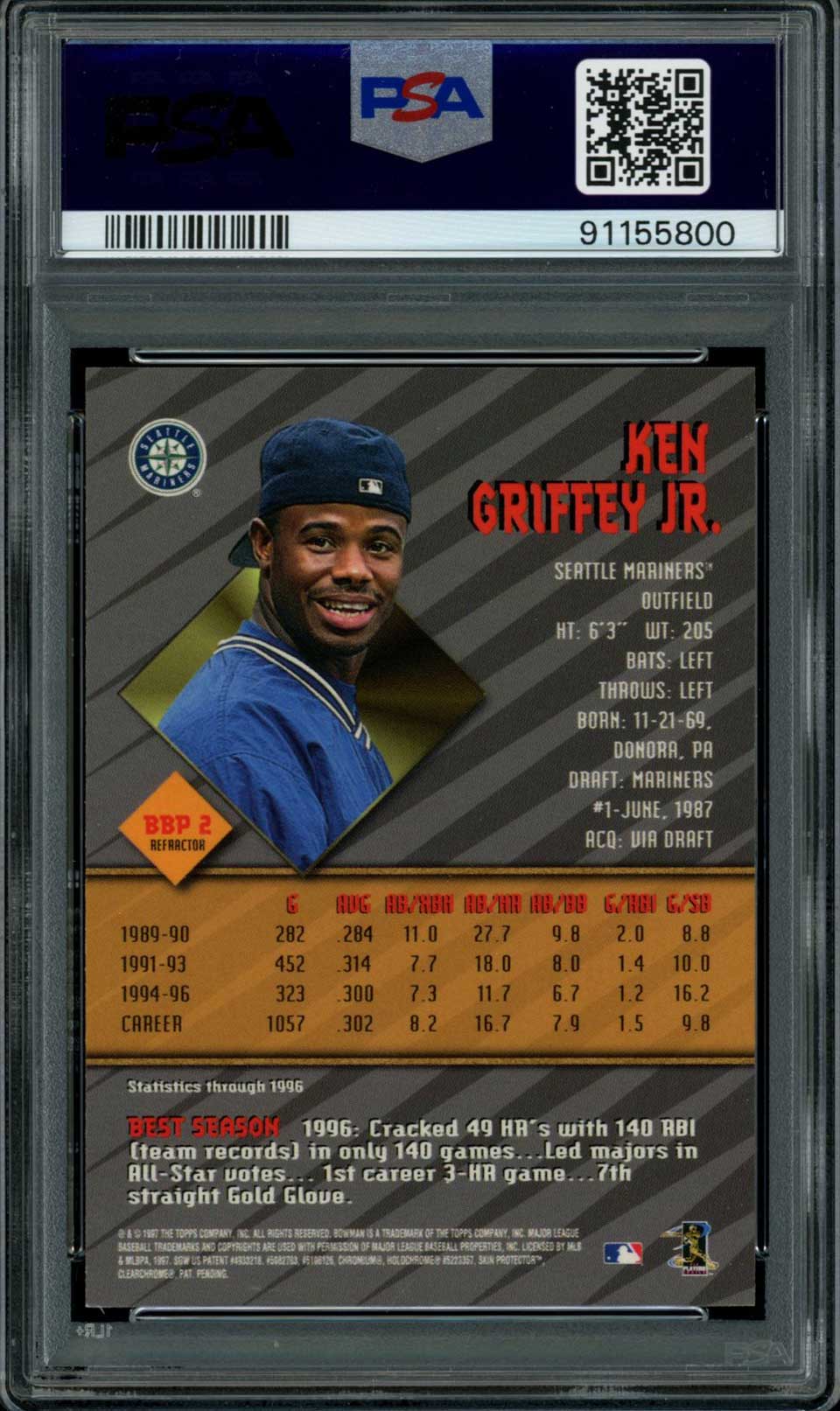 KEN GRIFFEY JR PSA 9 1997 Bowman's Best Preview Refractor #BBP2 Baseball Graded Cards Insert Parallel - Hobby Gems