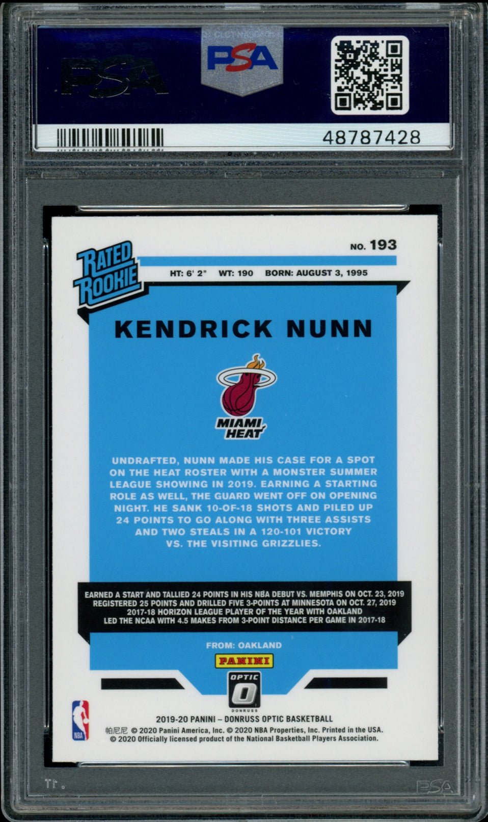 KENDRICK NUNN PSA 10 2019-20 Panini Donruss Optic RC #193 Basketball Base Graded Cards RC - Hobby Gems