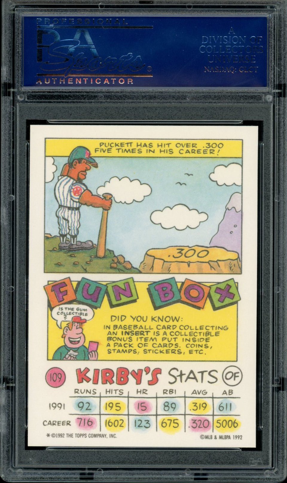 KIRBY PUCKETT PSA 10 1992 Topps Kids #109 C2 Baseball Base Graded Cards - Hobby Gems