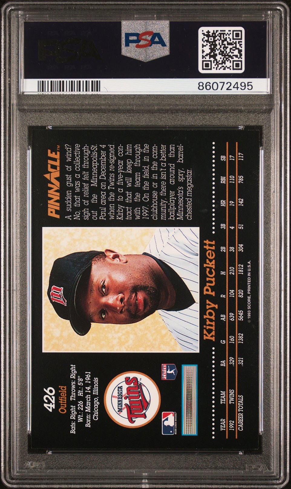 KIRBY PUCKETT PSA 8 1993 Pinnacle #426 Baseball Base Graded Cards - Hobby Gems