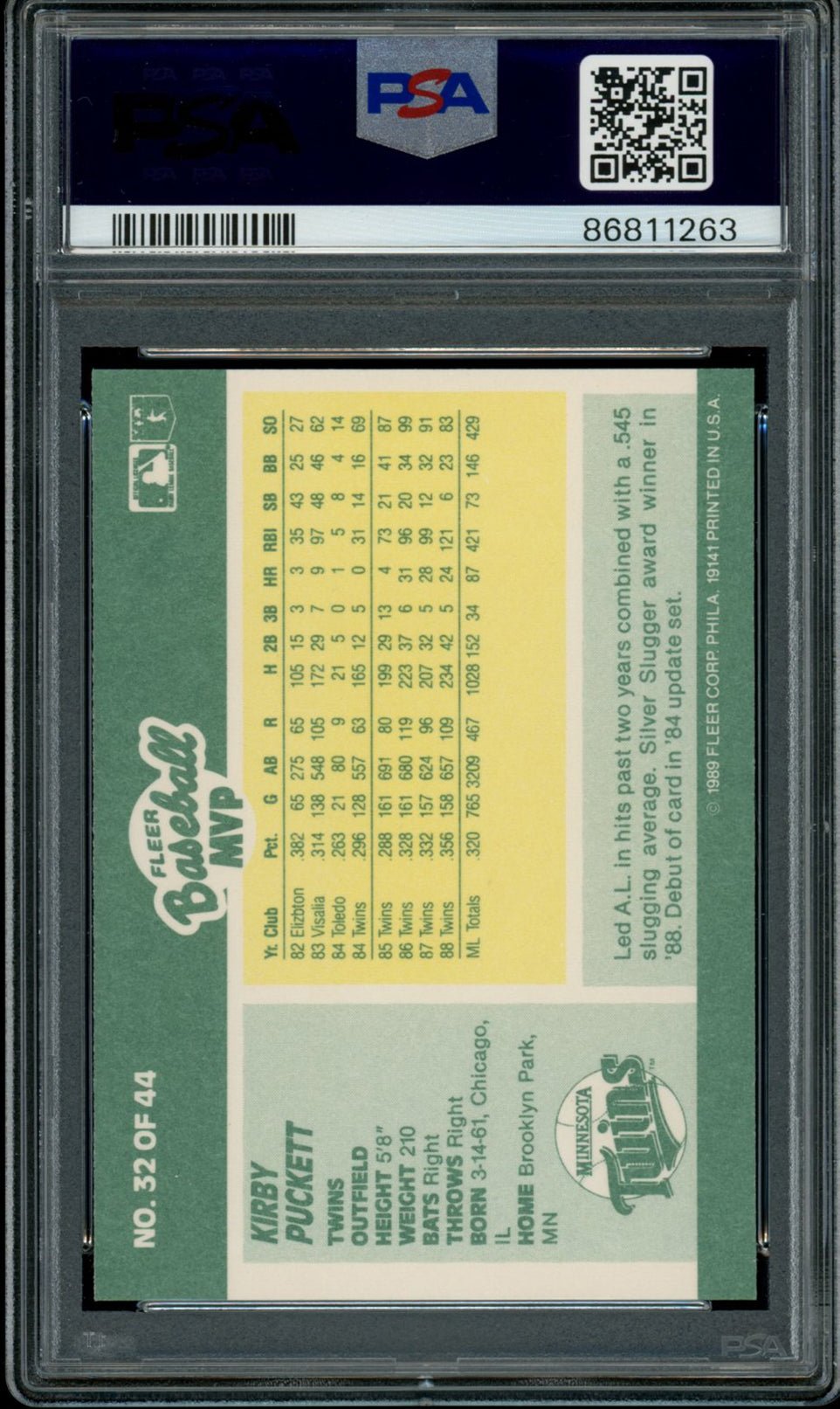 KIRBY PUCKETT PSA 9 1989 Fleer MVP #32 Baseball Base Graded Cards - Hobby Gems