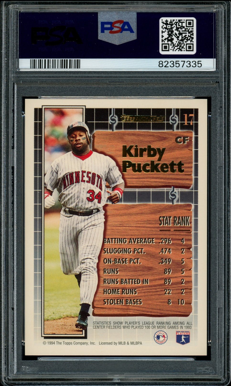 KIRBY PUCKETT PSA 9 1994 Topps Black Gold #17 C1 Baseball Graded Cards Insert - Hobby Gems