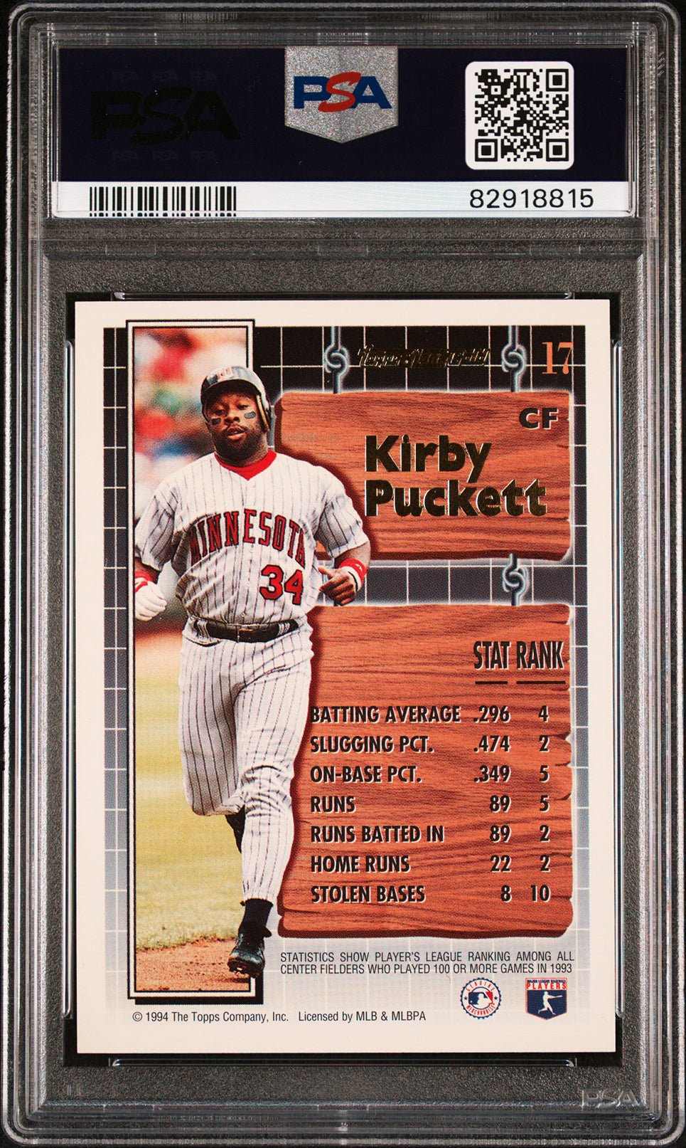 KIRBY PUCKETT PSA 9 1994 Topps Black Gold #17 C2 Baseball Graded Cards Insert - Hobby Gems