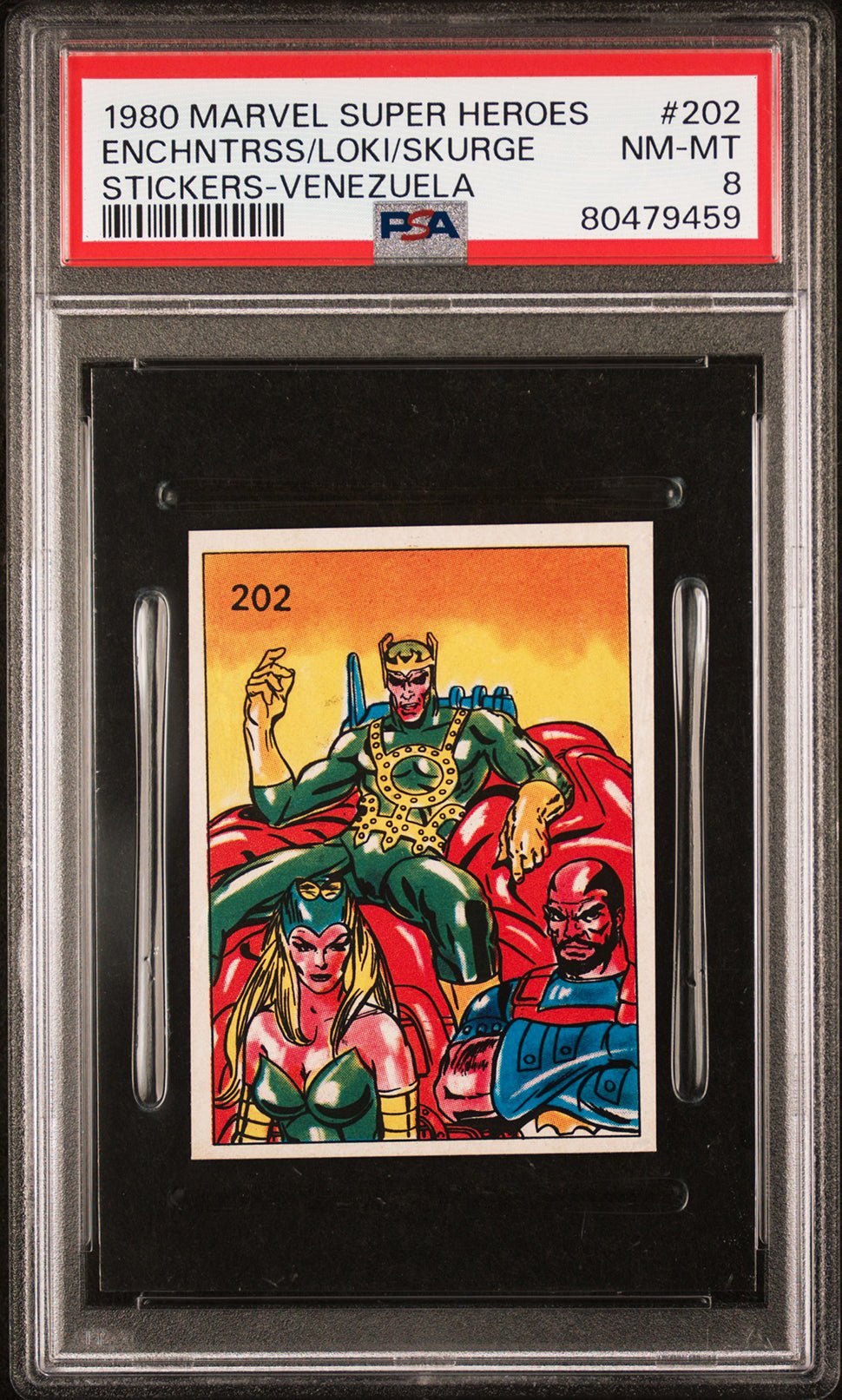 LOKI ENCHANTRESS PSA 8 1980 Marvel Super Heroes Sticker Venezuela #202 Marvel Graded Cards Sticker - Hobby Gems