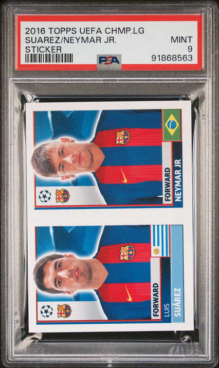 LUIS SUAREZ NEYMAR JR PSA 9 2016 Topps UEFA Champions League Sticker Soccer Graded Cards Sticker - Hobby Gems