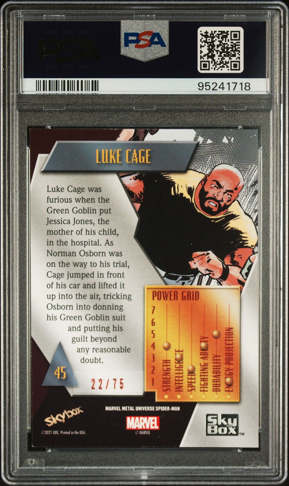 LUKE CAGE PSA 8 2022 Skybox Marvel Metal Universe Spider - Man Light FX Pink #45 22/75 Marvel Graded Cards Parallel Serial Numbered - Hobby Gems