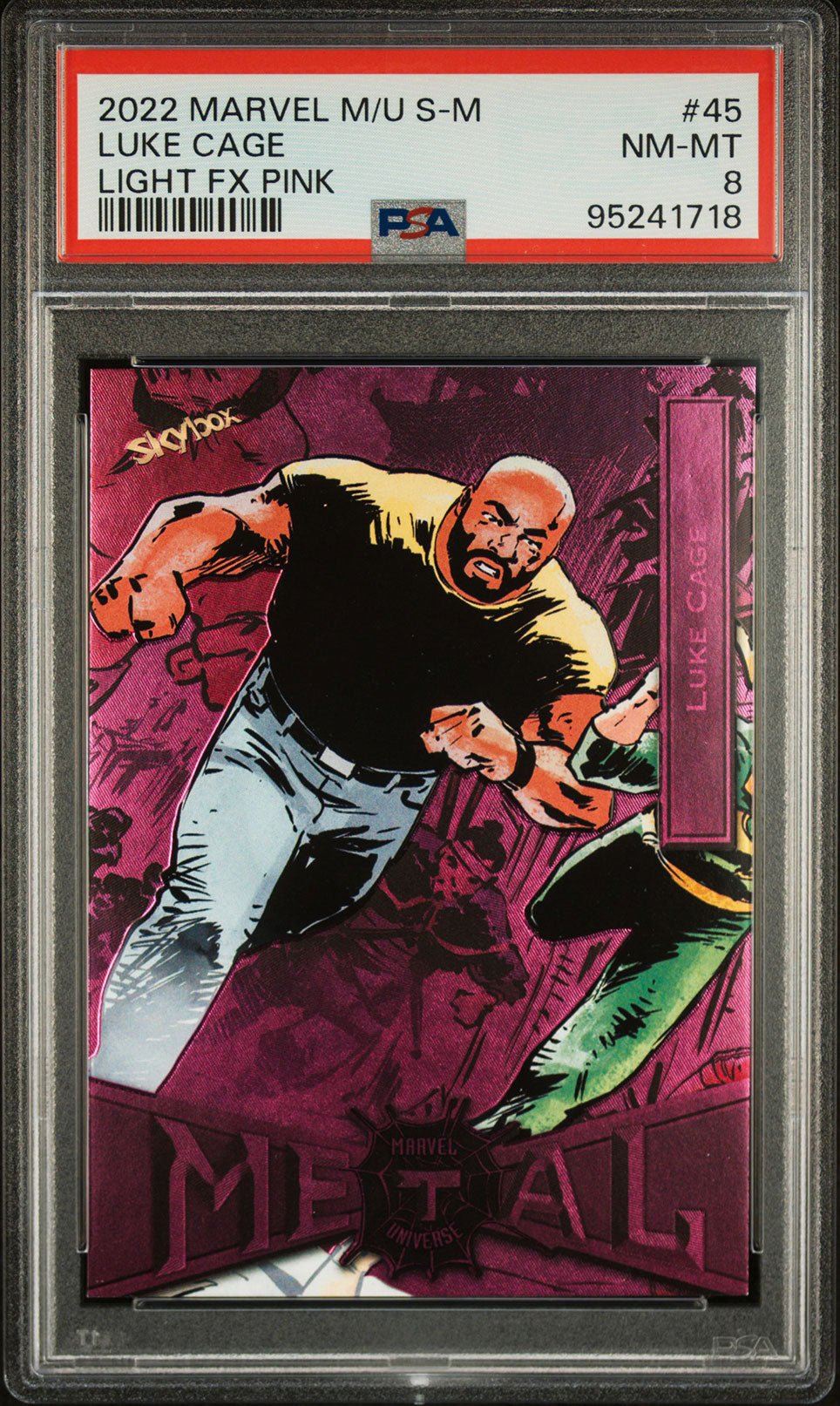 LUKE CAGE PSA 8 2022 Skybox Marvel Metal Universe Spider - Man Light FX Pink #45 22/75 Marvel Graded Cards Parallel Serial Numbered - Hobby Gems