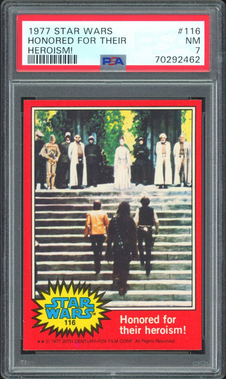 LUKE HAN LEIA PSA 7 1977 STAR WARS HONORED FOR THEIR HEROISM #116 Star Wars Base Graded Cards - Hobby Gems