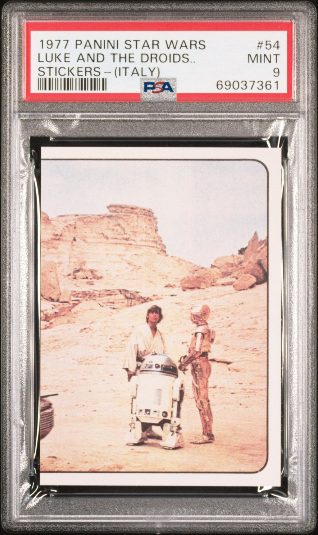 LUKE SKYWALKER R2-D2 C3PO PSA 9 1977 Star Wars Panini Italy Sticker #54 Star Wars Graded Cards Sticker - Hobby Gems