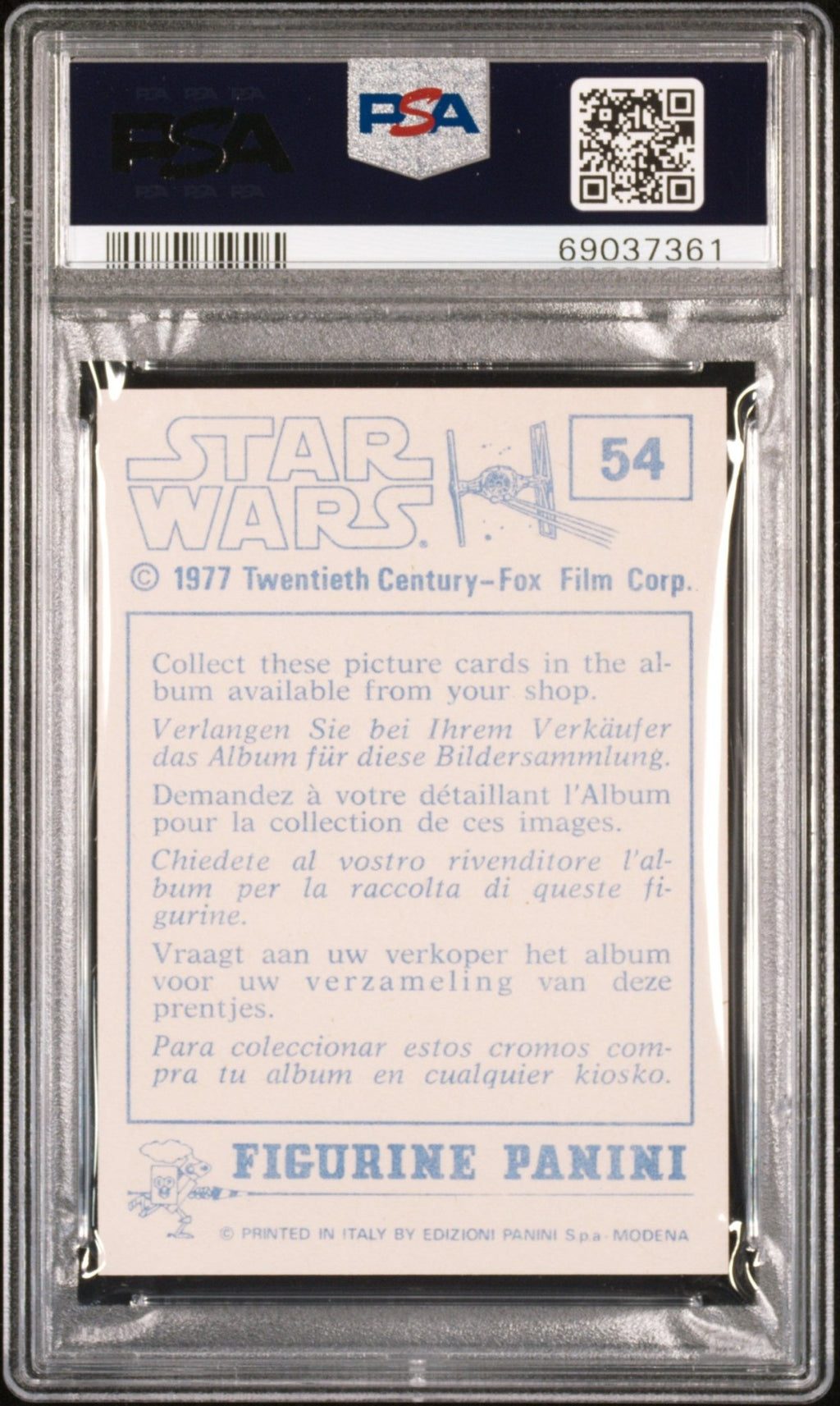 LUKE SKYWALKER R2-D2 C3PO PSA 9 1977 Star Wars Panini Italy Sticker #54 Star Wars Graded Cards Sticker - Hobby Gems