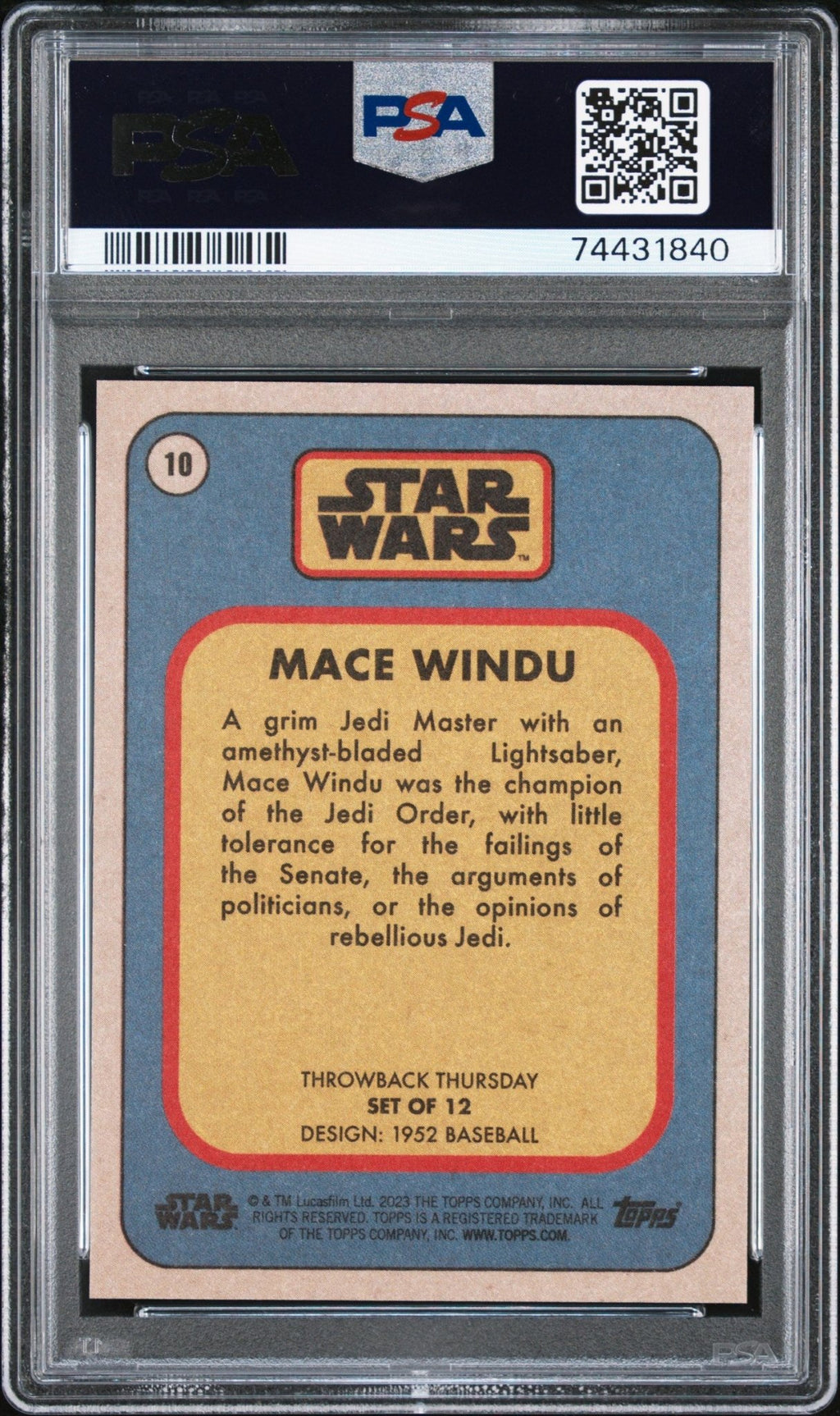 MACE WINDU PSA 10 2023 Topps Star Wars Throwback Thursday TBT #10 C1 Star Wars Base Graded Cards - Hobby Gems