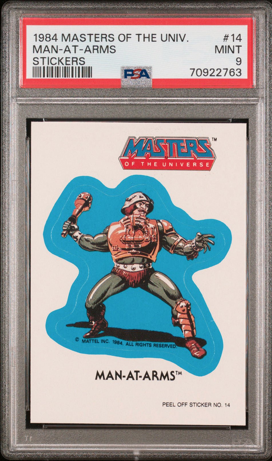 MAN-AT-ARMS PSA 9 1984 Masters of the Universe Sticker #14 C1 Masters of the Universe Base Graded Cards - Hobby Gems