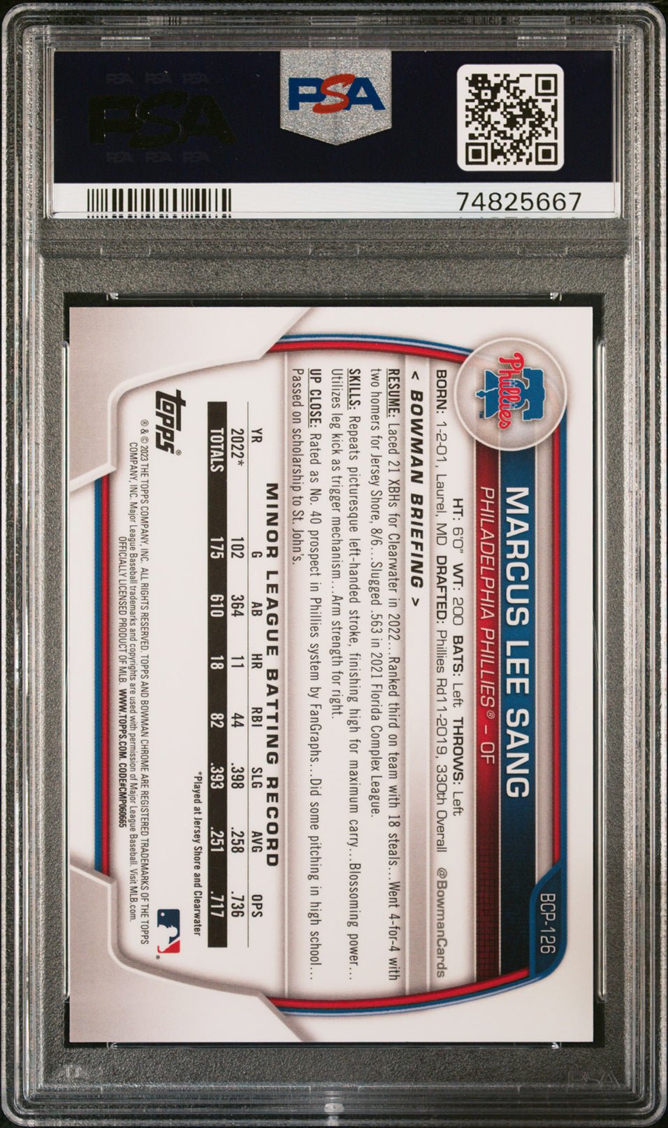 MARCUS LEE SANG PSA 10 2023 Bowman Chrome Aqua Lunar Crater Refractor #BCP126 120/125 Baseball Graded Cards Parallel Prospect - Hobby Gems