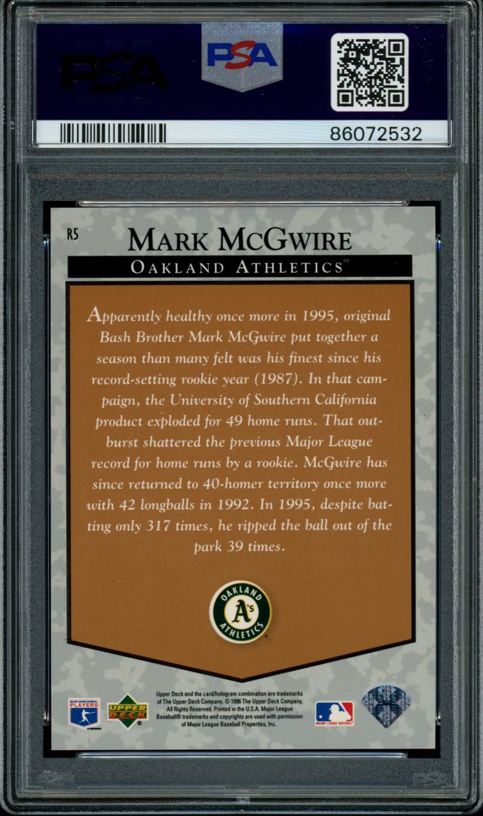 MARK MCGWIRE PSA 7 1996 Upper Deck Retail Predictor #R5 Baseball Graded Cards Insert - Hobby Gems